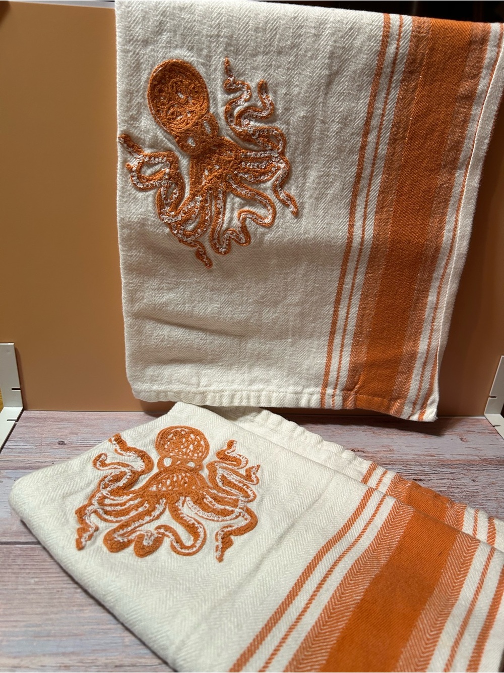 Octopus Embroidered Kitchen or Guest Towels - Orange and Cream